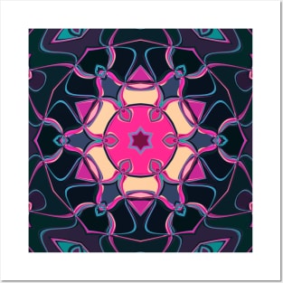 Cartoon Mandala Flower Pink Yellow and Blue Posters and Art